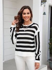 Angel Wings Striped Openwork Round Neck Sweater