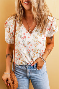 Printed V-Neck Puff Sleeve Blouse