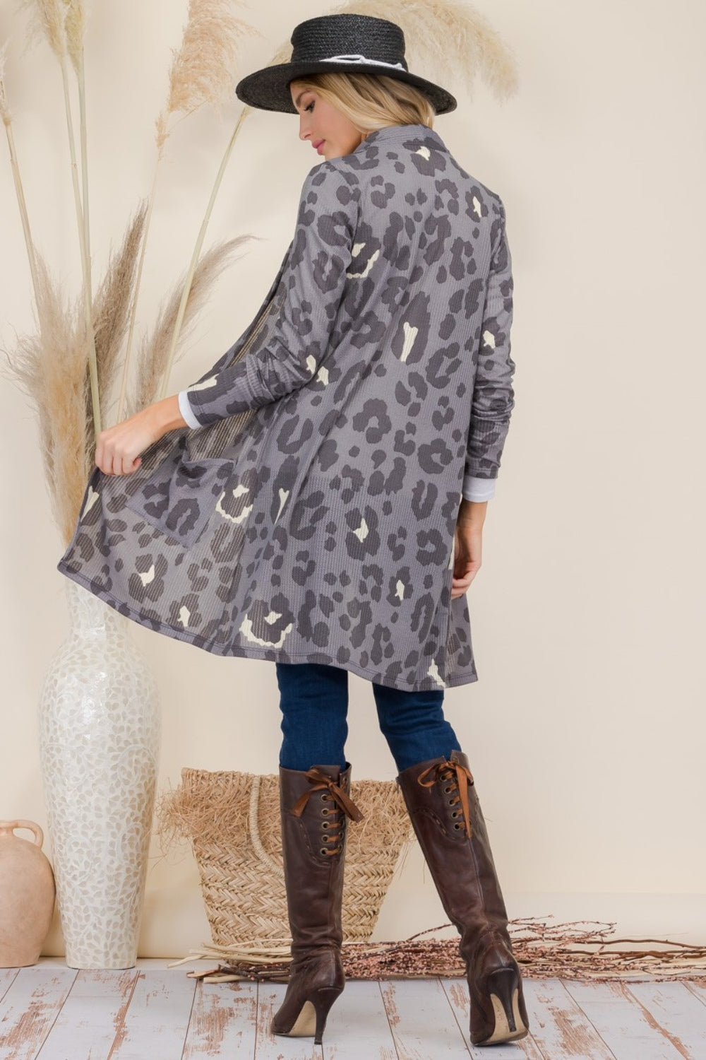 Full Size Leopard Open Front Contrast Cardigan