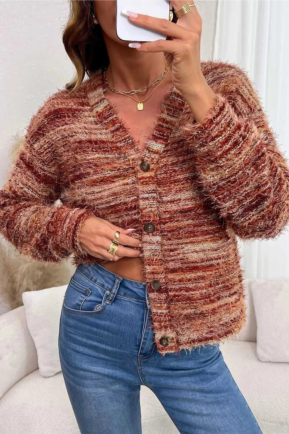 Fuzzy Striped Button Front Cardigan Sweater 100100382031613 39 Affordable Fashion Under $100 Jerry's Apparel 