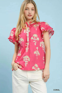 Umgee Floral Ruffle Sleeve Split-Neck Top 100100538031783 47 Affordable Fashion Under $100 Jerry's Apparel 