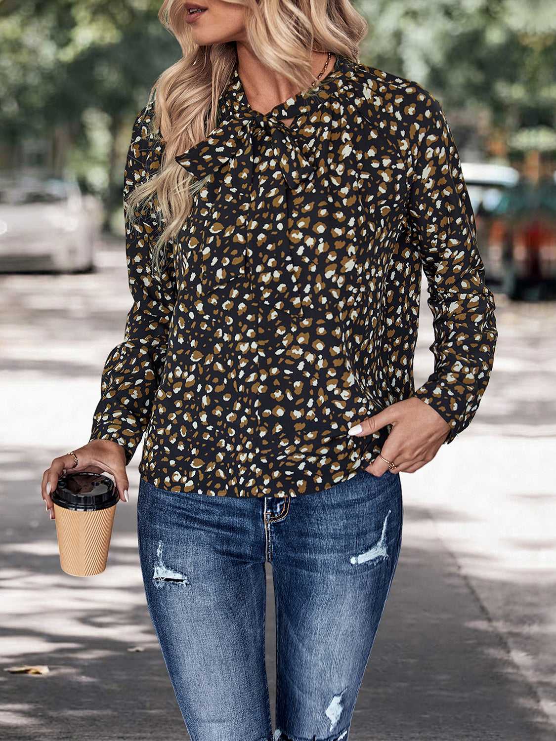 Perfee Printed Tie Neck Long Sleeve Top 100101067609016 35 Affordable Fashion Under $100 Jerry's Apparel 