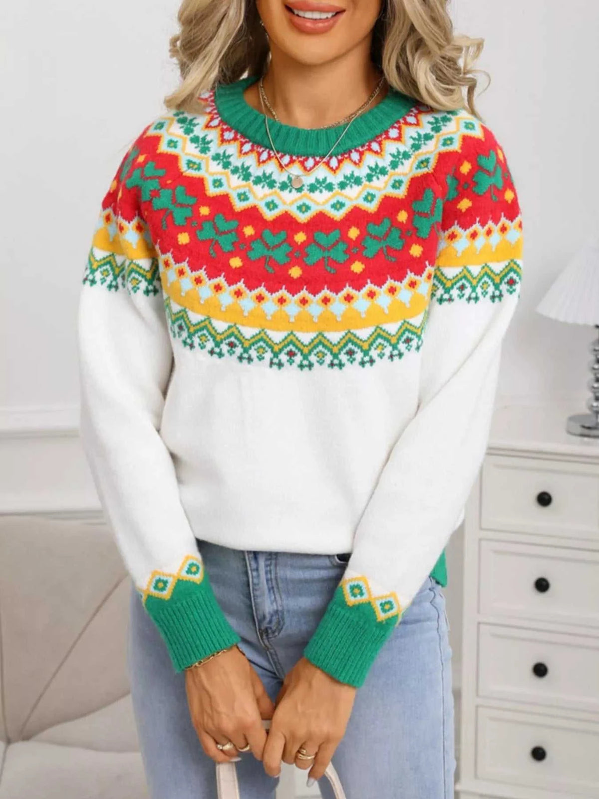 Clover Pattern Round Neck Knitted Sweater 100100324536502 52 Affordable Fashion Under $100 Jerry's Apparel 