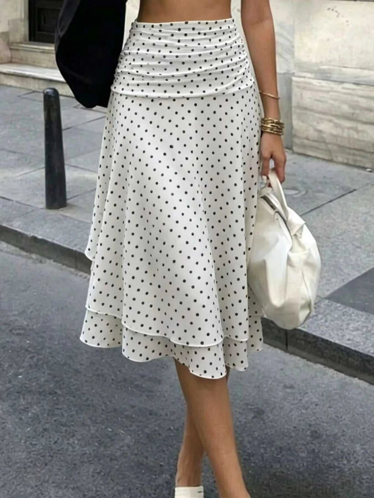 Polka Dot Ruched Waist Midi Skirt 100100301652762 38 Women's Skirts Affordable Fashion Under $100 Jerry's Apparel 