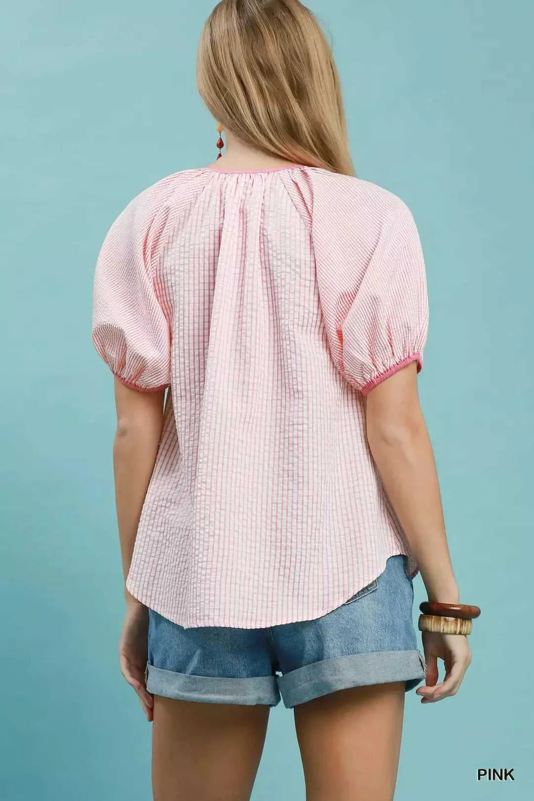 Umgee Checker Puff Sleeve Button Front Blouse 100100610821968 49 Affordable Fashion Under $100 Jerry's Apparel 