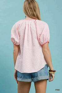 Umgee Checker Puff Sleeve Button Front Blouse 100100610821968 49 Affordable Fashion Under $100 Jerry's Apparel 