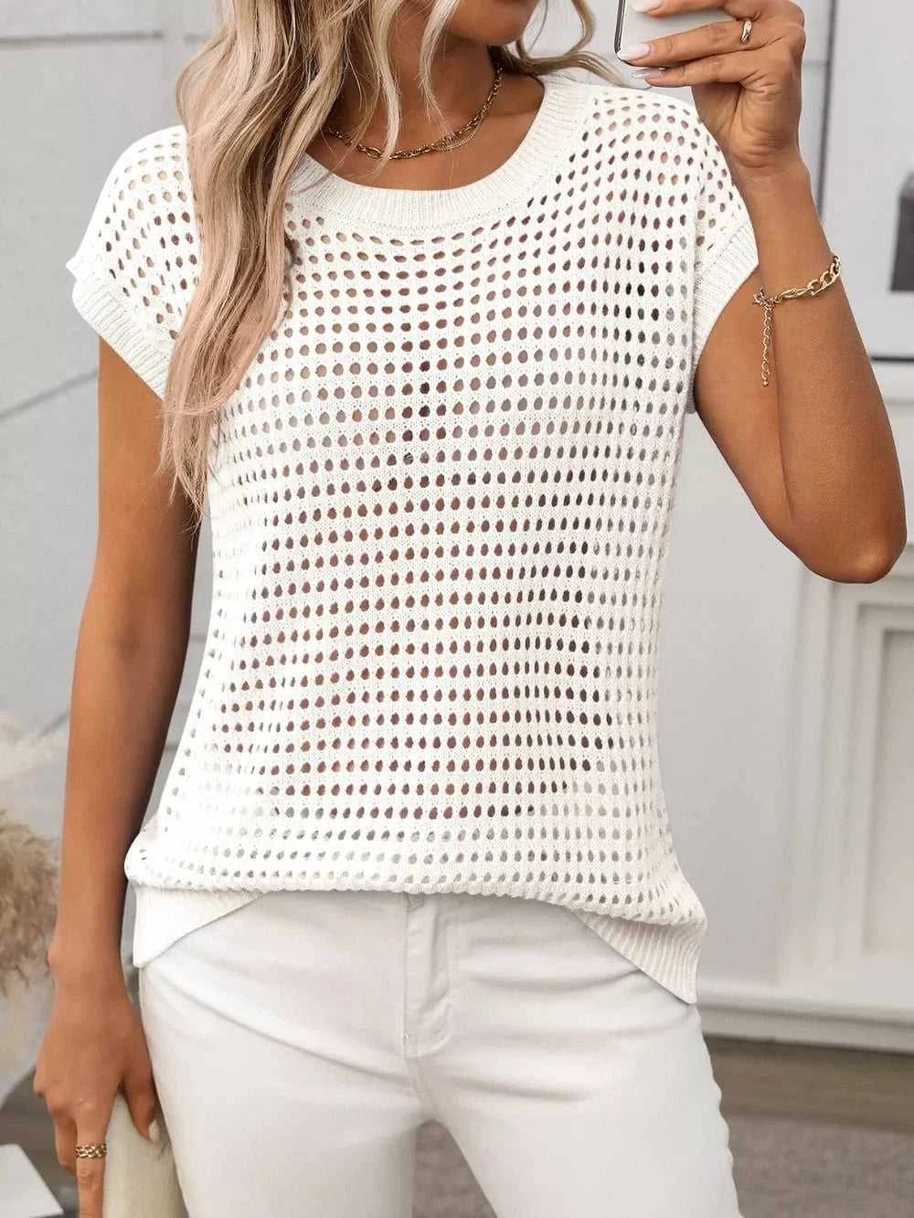 Openwork Round Neck Short Sleeve Knit Cover Up 100100244781953 22 Affordable Fashion Under $100 Jerry's Apparel 