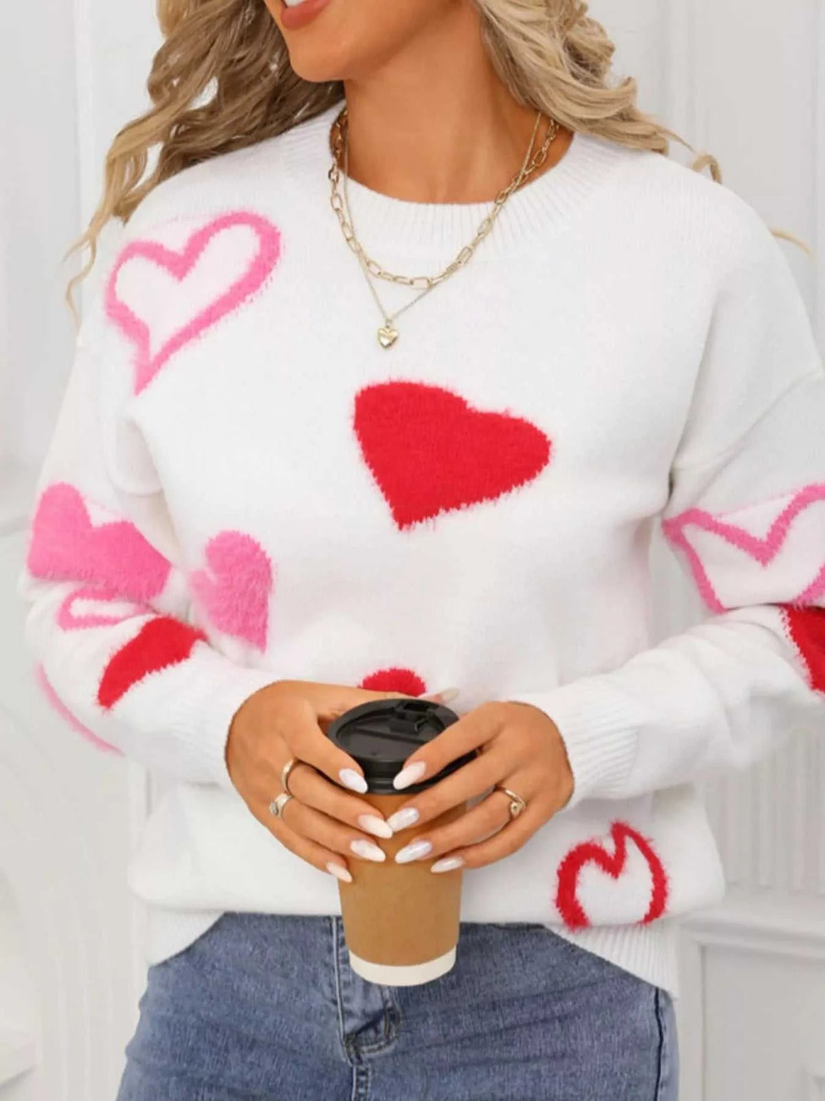 Valentine's Day Heart Pattern Knit Sweater 100100558392039 50 Gifts for Her Jerry's Apparel 