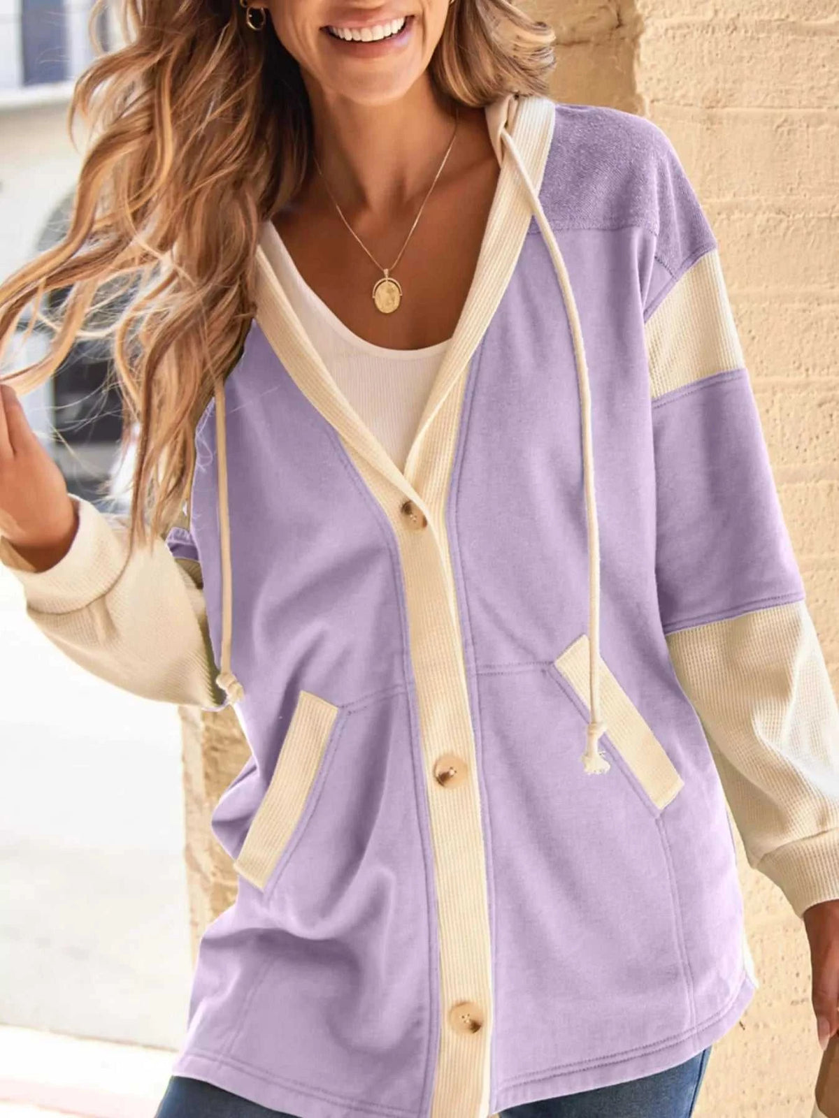 Waffle Contrast Knit Color Block Patchwork Button Front Oversize Hoodie 100100681856714 64 Affordable Fashion Under $100 Jerry's Apparel 