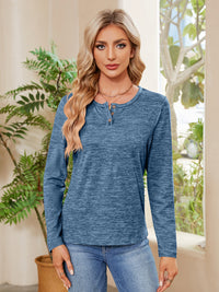 Buttoned Round Neck  Long Sleeve T-Shirt