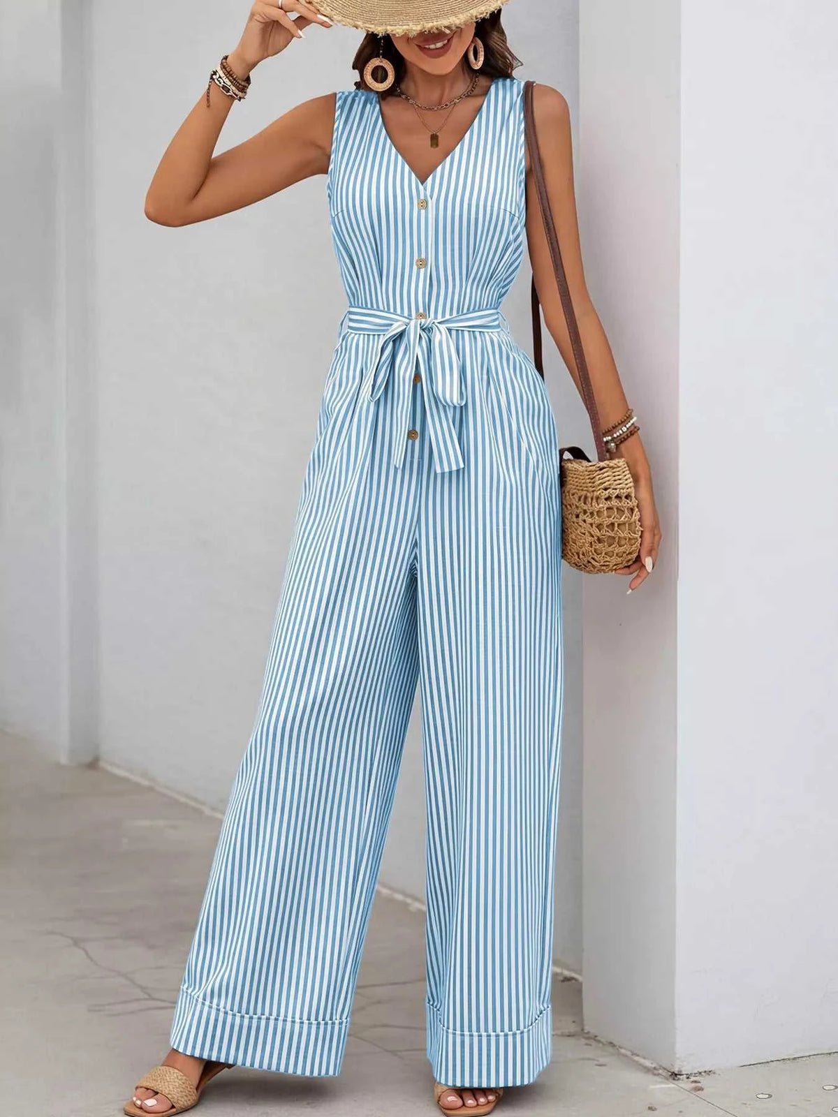 Striped Button-Front Tie Waist Wide Leg Jumpsuit 100100833661971 44 Affordable Fashion Under $100 Jerry's Apparel 