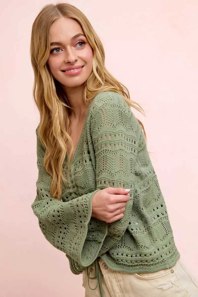 BiBi Pointelle Knit V Neck Ruched Front Lightweight Top 100100962711230 42 Affordable Fashion Under $100 Jerry's Apparel 