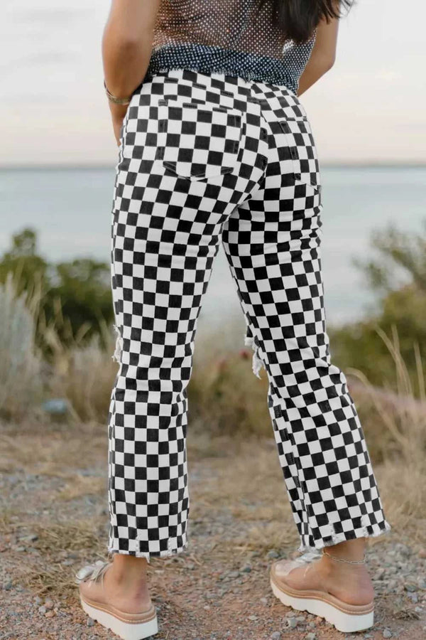 Checkerboard Print Distressed Holes Raw Edge Cropped Jeans 100100713792699 63 Seasonal Fashion Collections Jerry's Apparel 