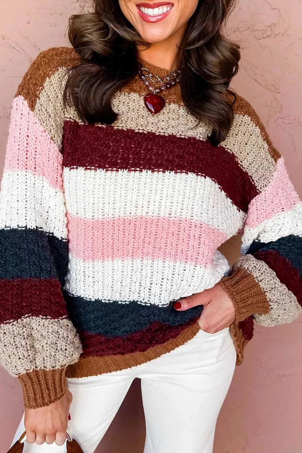 Striped Knit Dropped Shoulder Round Neck Sweater 101002437530606 50 Affordable Fashion Under $100 Jerry's Apparel 