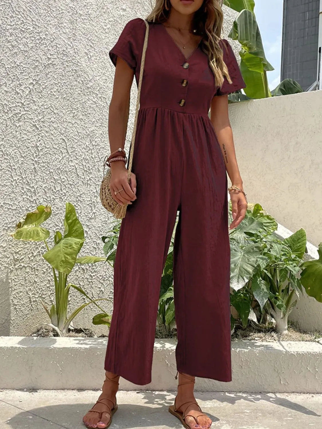 V-Neck Short Sleeve Wide Leg Jumpsuit