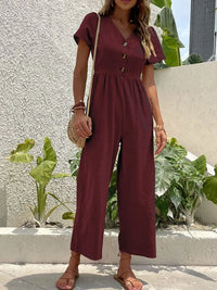 V-Neck Short Sleeve Wide Leg Jumpsuit