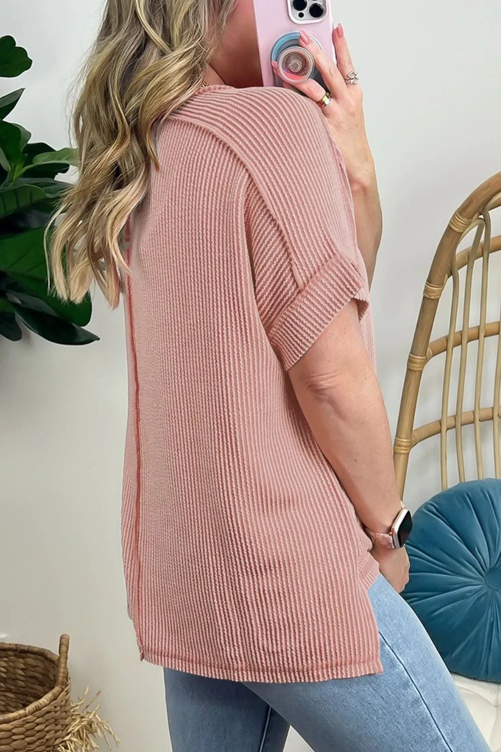 Casual Ribbed Short Sleeve Round Neck T-Shirt