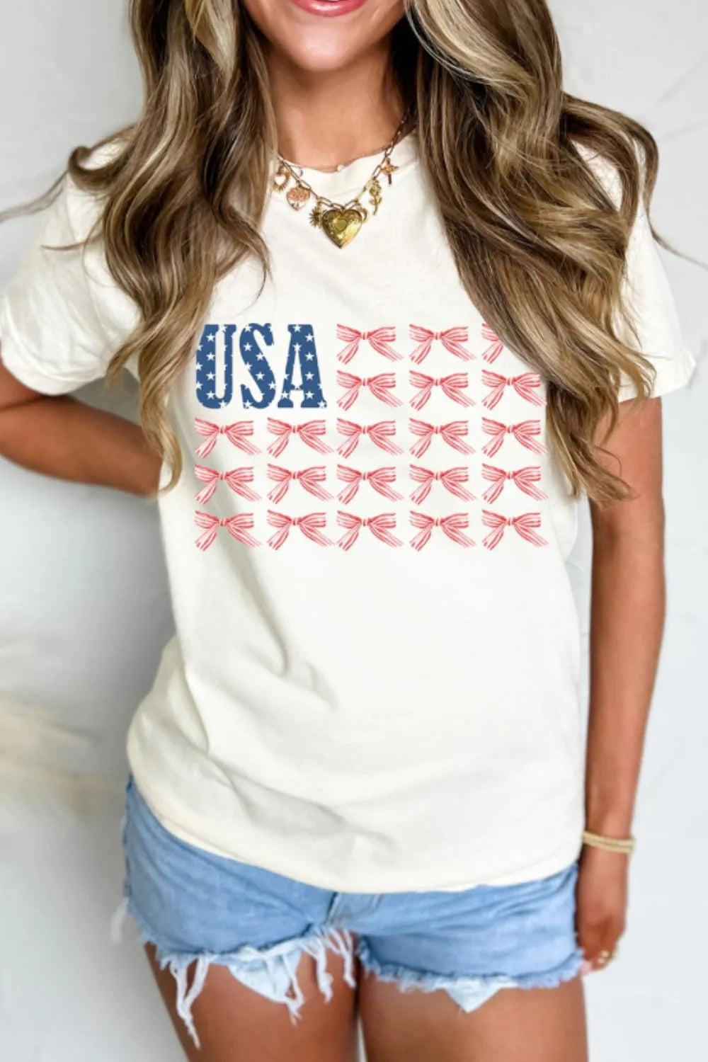 USA Flag Bow Knot Print Round Neck T Shirt