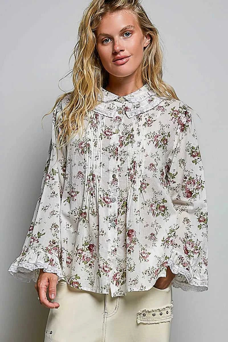 POL Floral Lace Trim Pintuck Button-Down Shirt 100100011681976 66 Affordable Fashion Under $100 Jerry's Apparel 