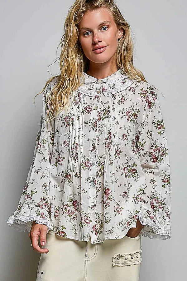 POL Floral Lace Trim Pintuck Button-Down Shirt 100100011681976 66 Affordable Fashion Under $100 Jerry's Apparel 