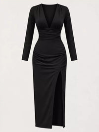 Deep V-Neck Ruched Bodycon Dress with High Slit 101001242970664 34 Gifts for Her Jerry's Apparel 