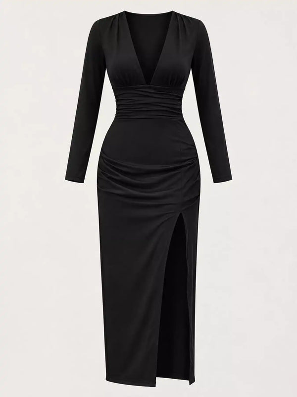 Deep V-Neck Ruched Bodycon Dress with High Slit 101001242970664 34 Gifts for Her Jerry's Apparel 