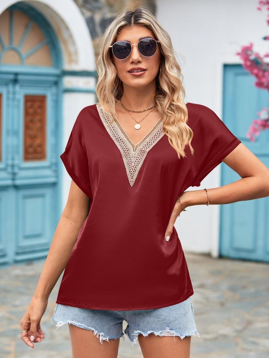 Mandy V-Neck Cuffed Blouse