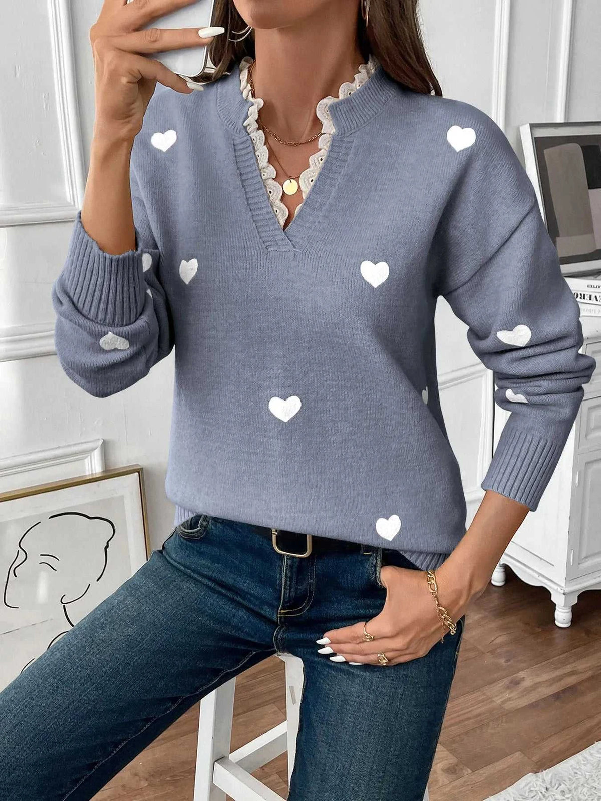 Heart V-Neck Long Sleeve Sweater 100100348759544 46 Affordable Fashion Under $100 Jerry's Apparel 