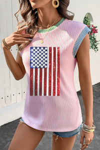 Colorblock Edge Twisted Rib Texture Sequin American Flag Casual T Shirt