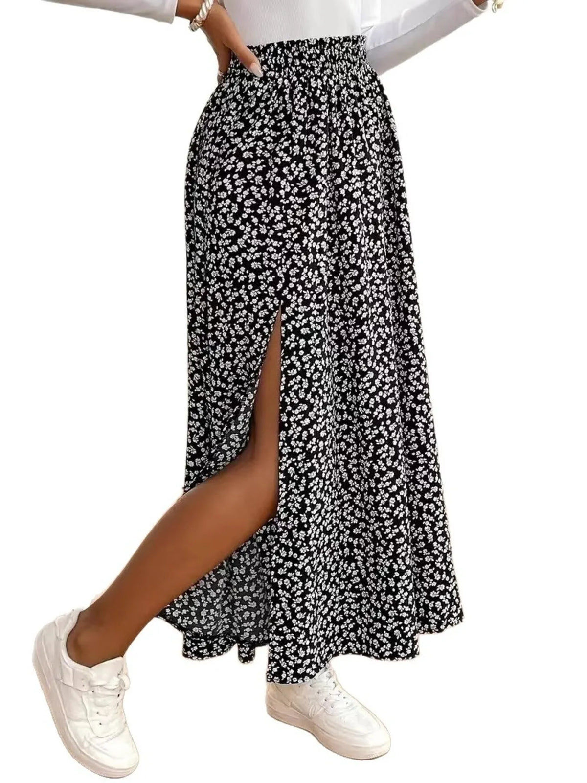 Floral Split Elastic Waist Maxi Skirt