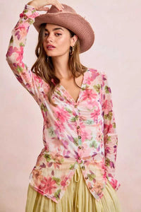 BiBi Floral Shrried Detail Button Up Mesh Cardigan Top 100100970651175 39 Gifts for Her Jerry's Apparel 