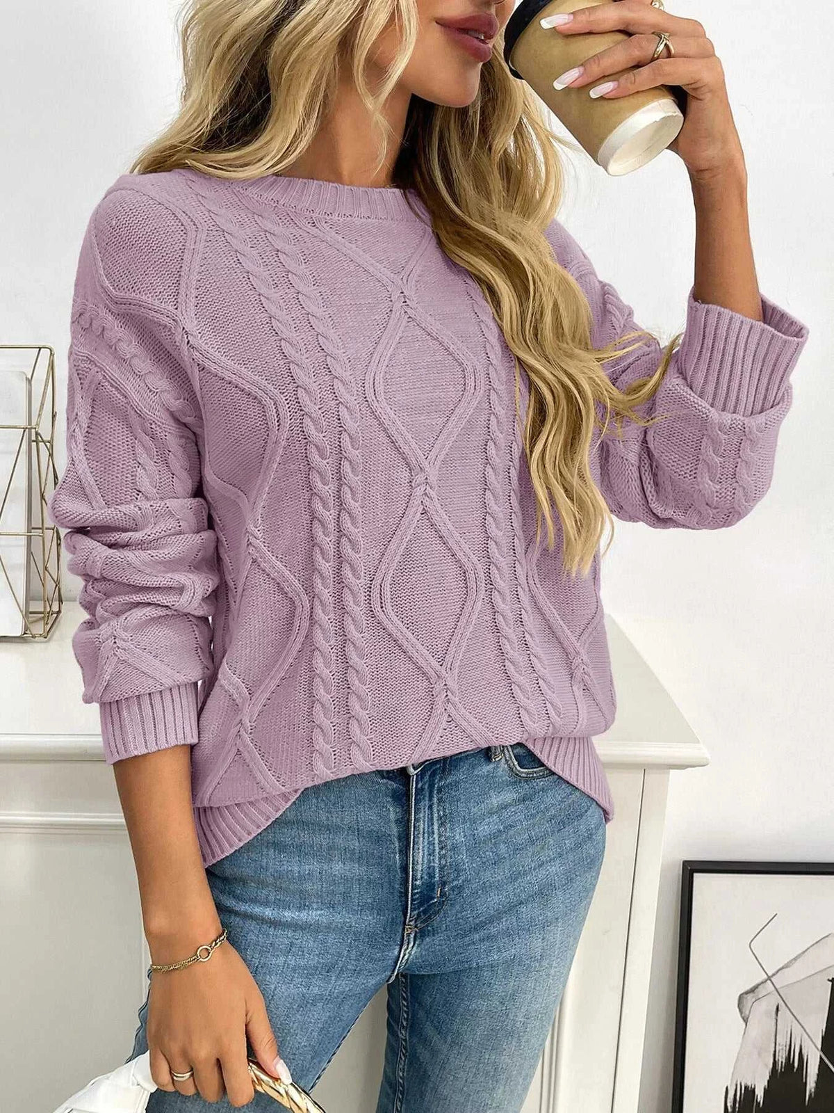 Cable Knit Round Neck Long Sleeve Sweater 100100086035617 48 Seasonal Fashion Collections Jerry's Apparel 