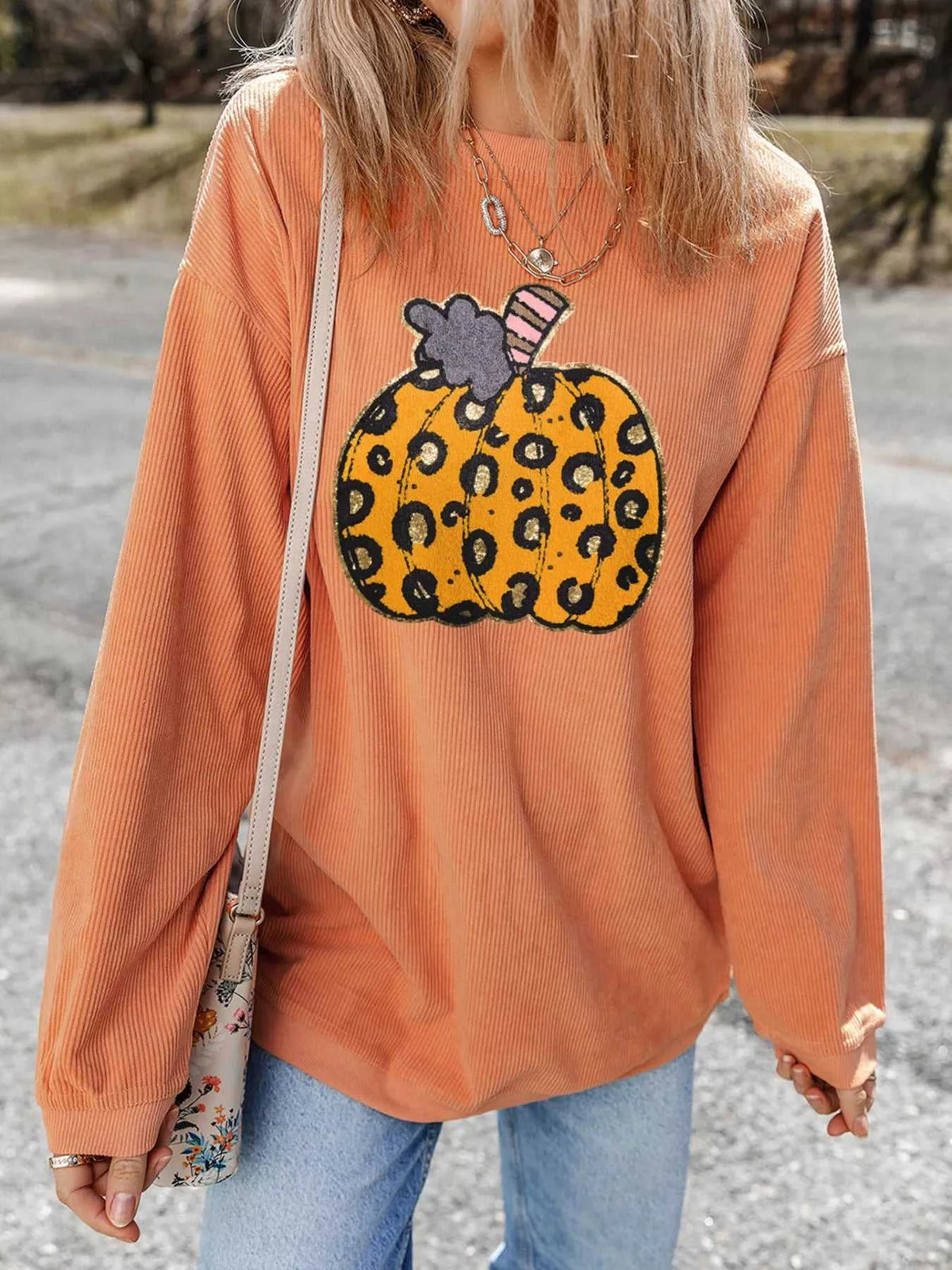Halloween Leopard Pumpkin Patchwork Ribbed Sweatshirt 101001373546441 40 Affordable Fashion Under $100 Jerry's Apparel 