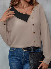 Perfee Asymmetrical Neck Buttoned Long Sleeve Top 100101950012234 37 Affordable Fashion Under $100 Jerry's Apparel 