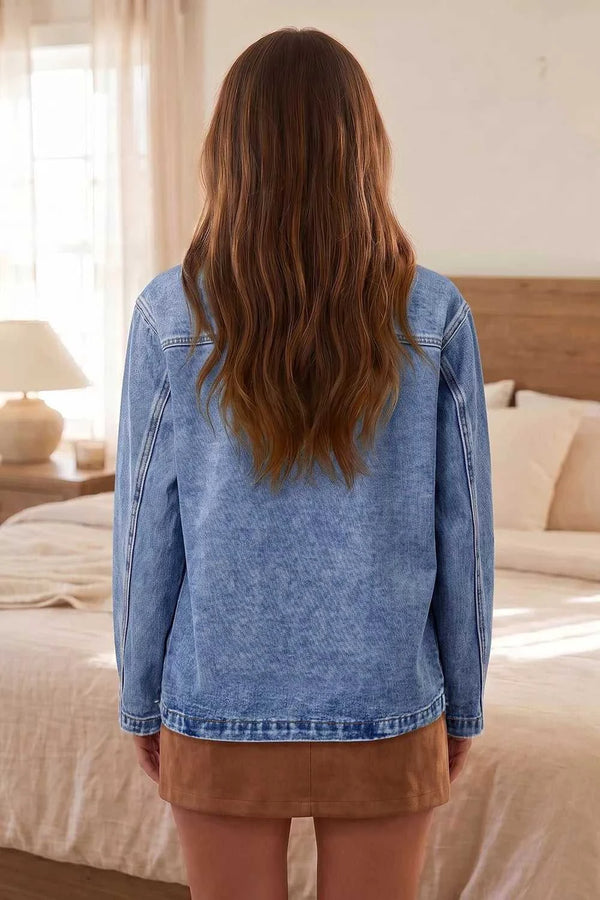 Patchwork Leather Collar Long Sleeve Denim Jacket 100100357523581 69 Affordable Fashion Under $100 Jerry's Apparel 