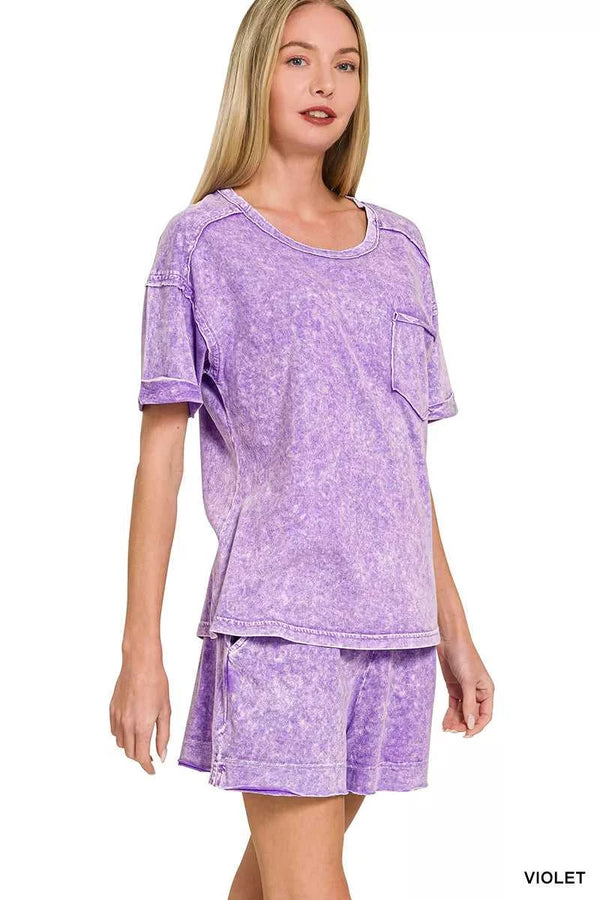 Zenana Halo Snow Washed Exposed Seam Top & Shorts Set 100100640931273 45 Affordable Fashion Under $100 Jerry's Apparel 