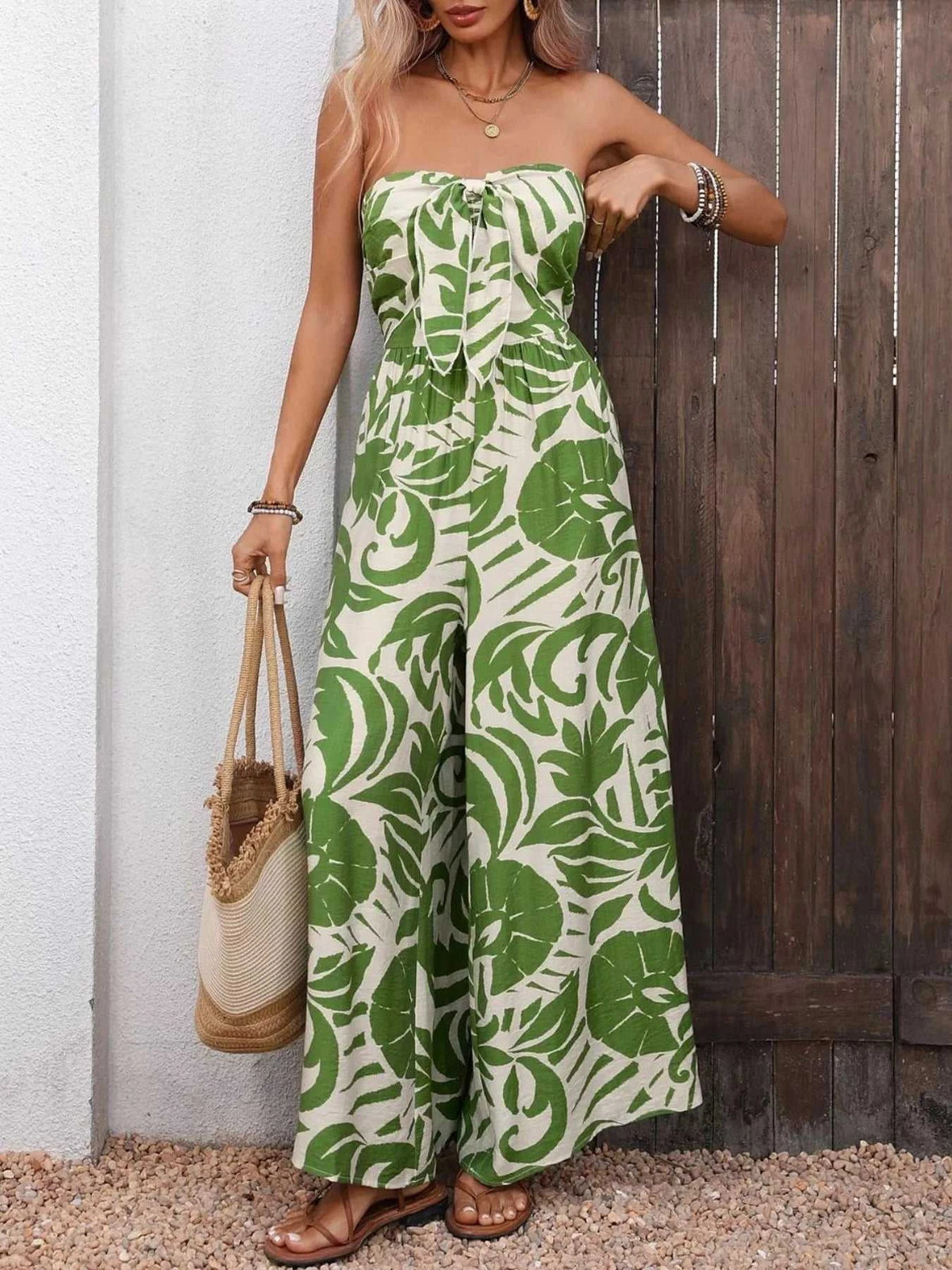 Tropical Print Tie Front Strapless Wide Leg Jumpsuit 100100436882883 40 Affordable Fashion Under $100 Jerry's Apparel 