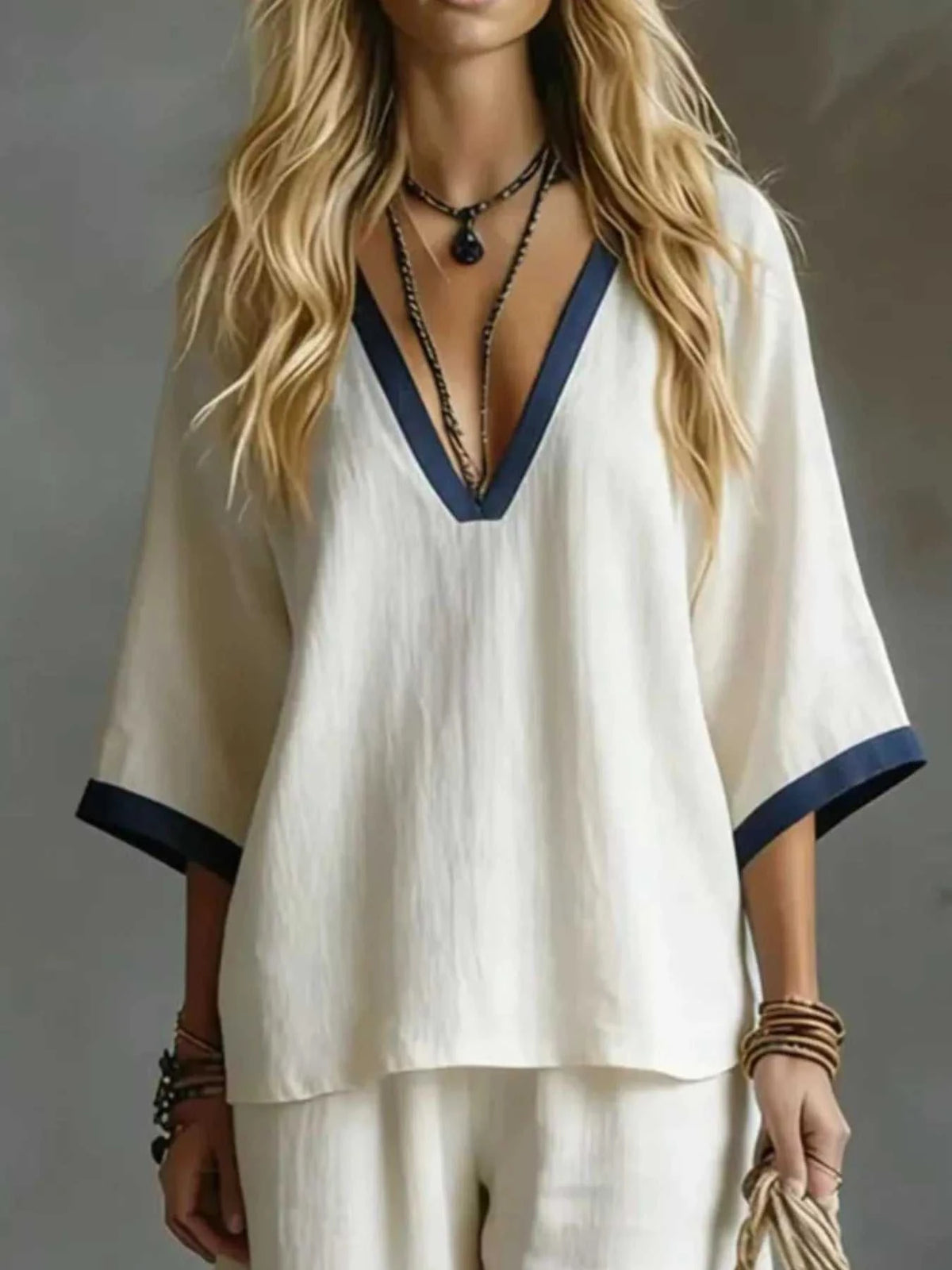 Full Size Contrast Trim V-Neck Top and Pants Set Plus Size 101001935032552 40 Affordable Fashion Under $100 Jerry's Apparel 