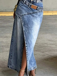 High-Waisted Asymmetric Slit Denim Maxi Skirt 101003372573383 49 Affordable Fashion Under $100 Jerry's Apparel 