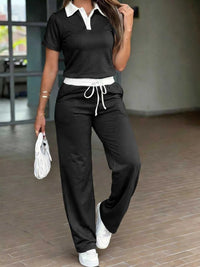 Contrast Polo Collar Top and Pants Set 100100652227685 59 Jerry's Apparel 