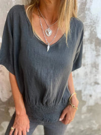 Full Size Smocked Hem V-Neck Relaxed Fit T-Shirt Plus Size