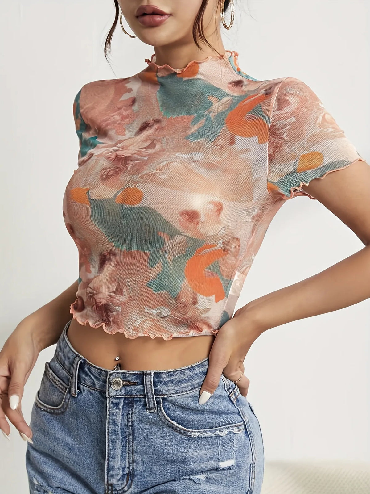 Abstract Print Ruffled Mock Neck Crop T-Shirt