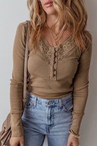 Eyelet V-Neck Long Sleeve Top