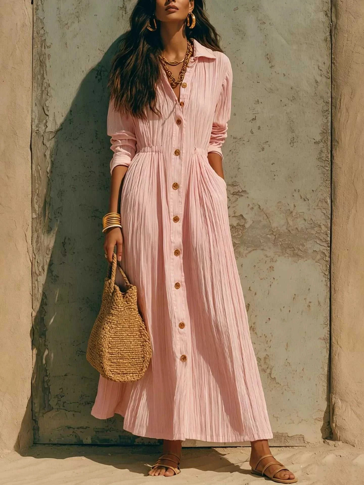 Full Size Textured Button Front Long Sleeve Maxi Dress Plus Size 100100300066352 41 Affordable Fashion Under $100 Jerry's Apparel 