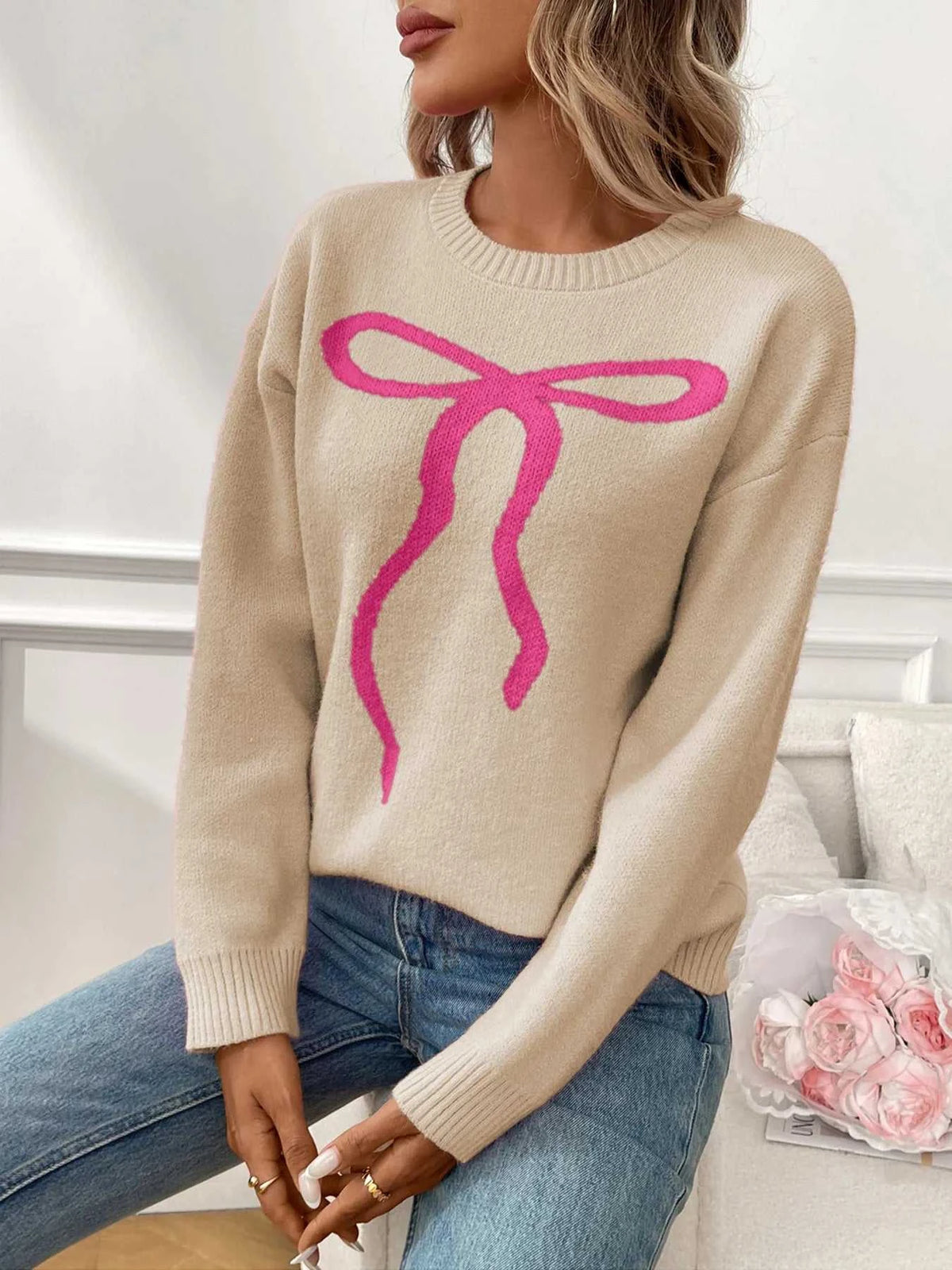 Bow Graphic Ribbed Hem Round Neck Sweater 100100077708604 48 Affordable Fashion Under $100 Jerry's Apparel 