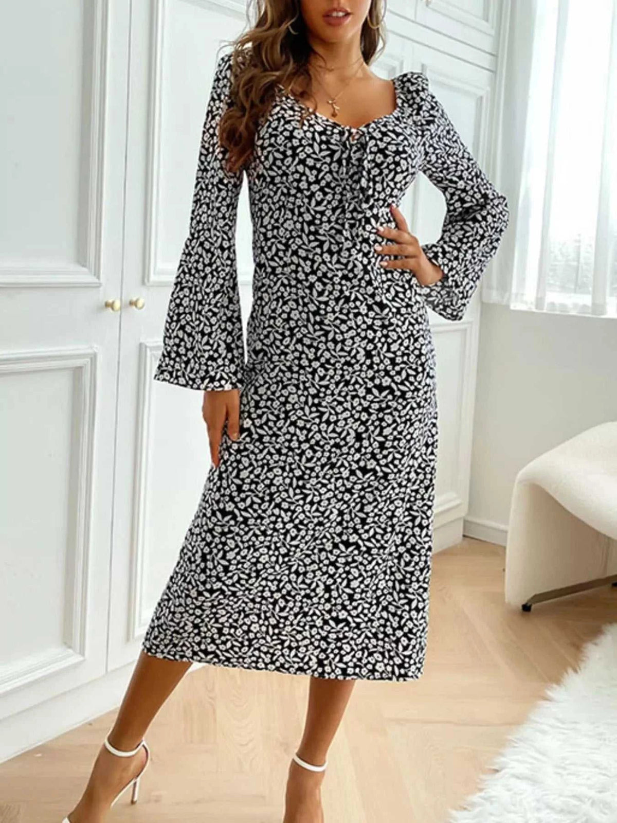 Printed Tie Flare Sleeve Midi Dress 100100275543002 41 Affordable Fashion Under $100 Jerry's Apparel 