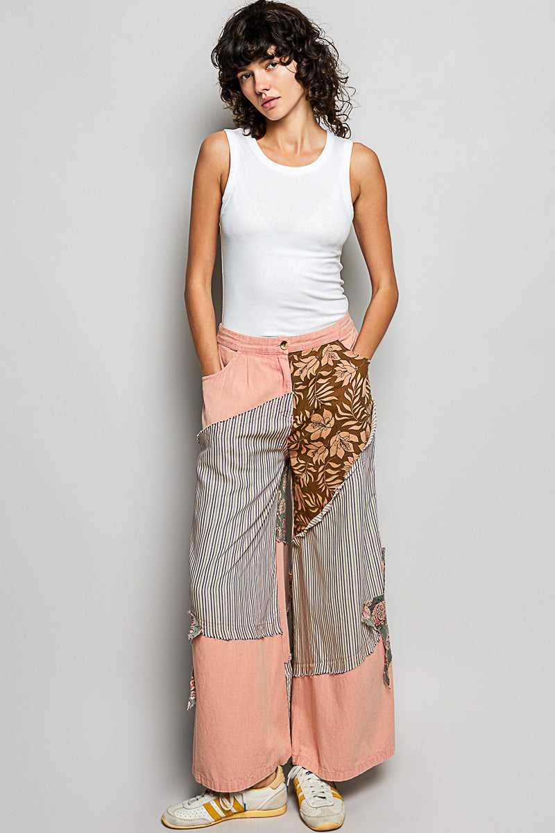 POL Striped Floral Patchwork Wide leg Pants with Side Big Star Patch 100100060771533 59 Affordable Fashion Under $100 Jerry's Apparel 