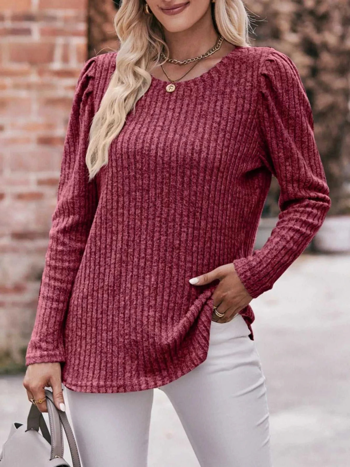 Ribbed Knit Puff Sleeve T-Shirt 100100962471478 28 Affordable Fashion Under $100 Jerry's Apparel 