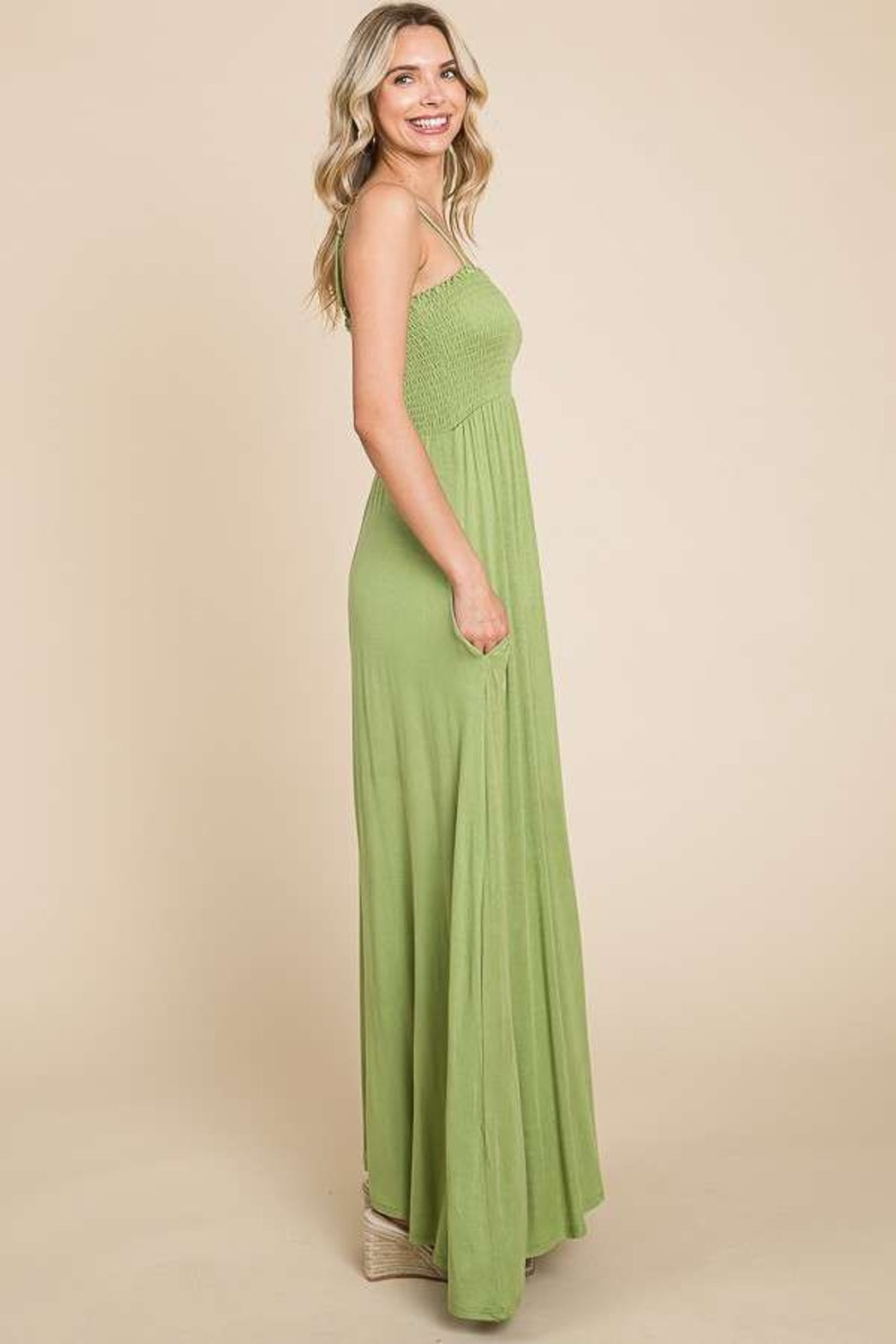 Full Size Smocked Cami Maxi Dress with Pockets