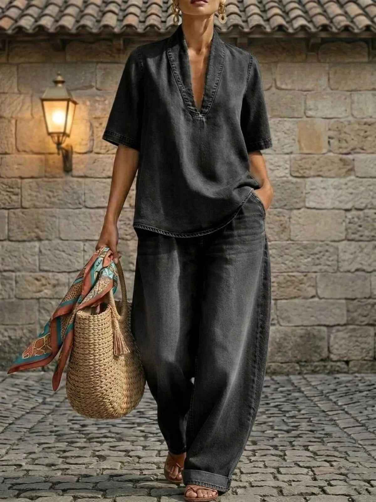 Full Size Half Sleeve Top and Wide Leg Pants Set Plus Size 100100993436564 63 Affordable Fashion Under $100 Jerry's Apparel 